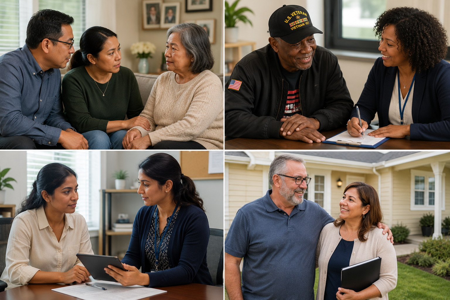Families, veterans, and advisors meeting with seniors in warm home settings